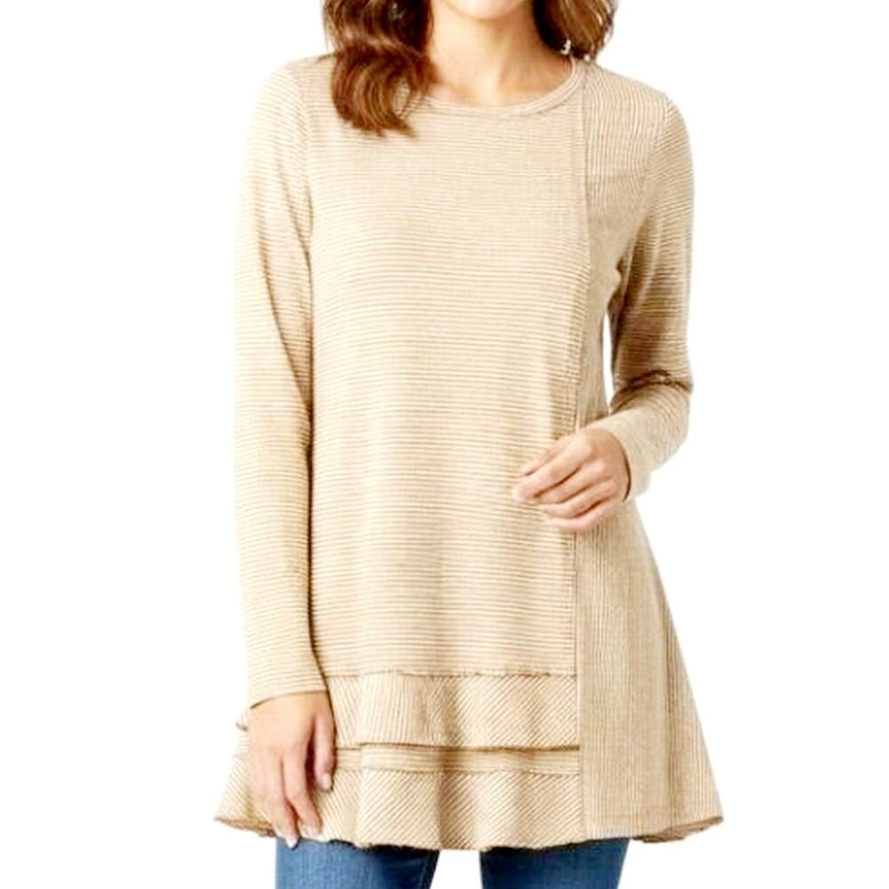 Soft Surroundings Womens Tan Stripe Pima Cotton Tunic With Ruffle Hem Size S